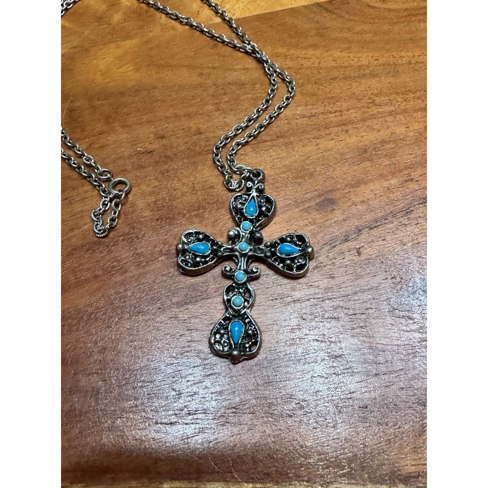 Vintage Silver Tone Turquoise Style Cross Pendant Necklace 28"